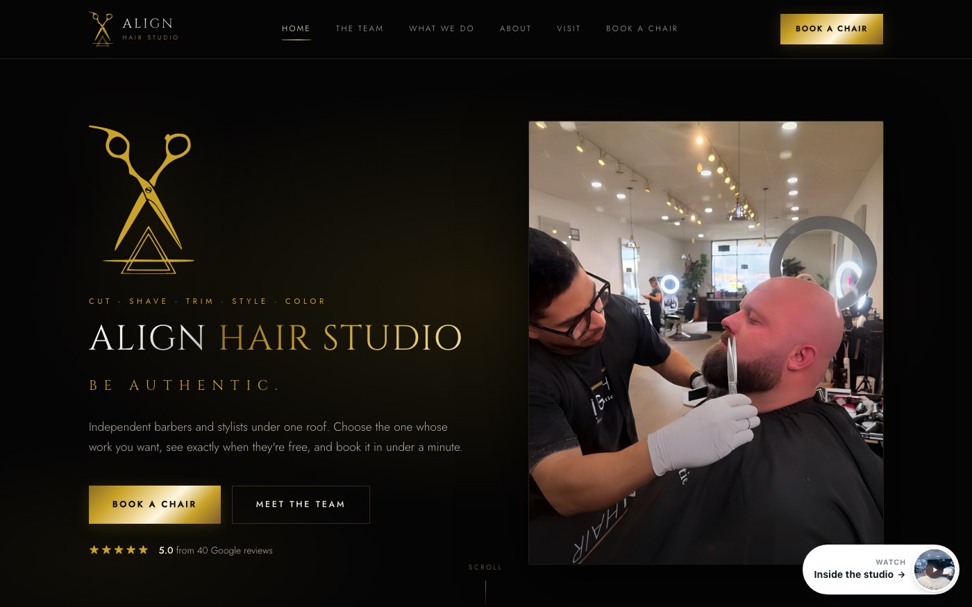 Align Hair Studio website homepage — book a barber by name at a barbershop in El Cajon, California