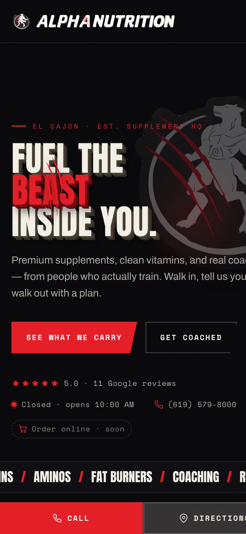 Alpha Nutrition website on a phone, showing the hero, live store hours, and click-to-call button