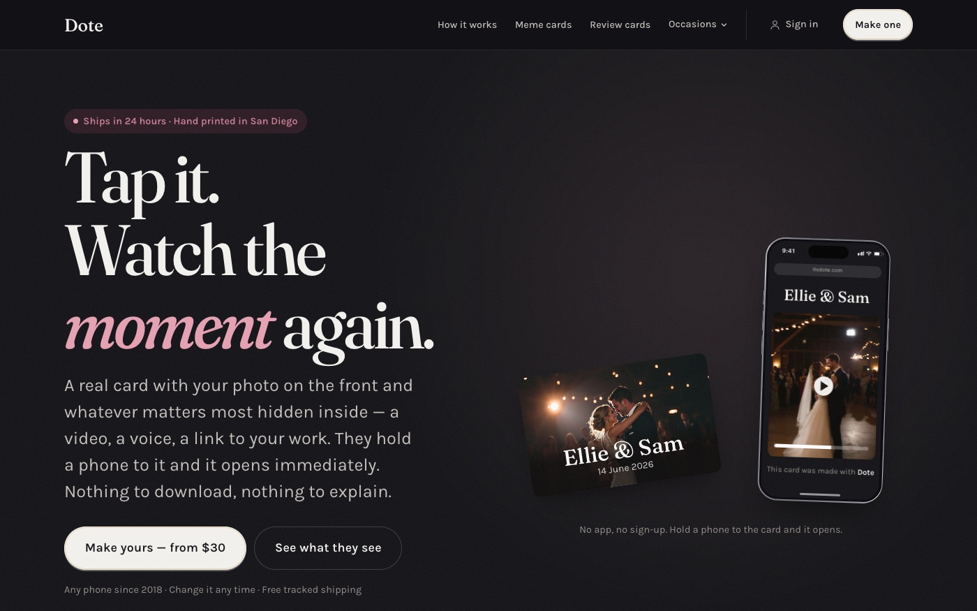 Dote website homepage — personalised NFC keepsake cards that play a video when tapped, hand printed in San Diego