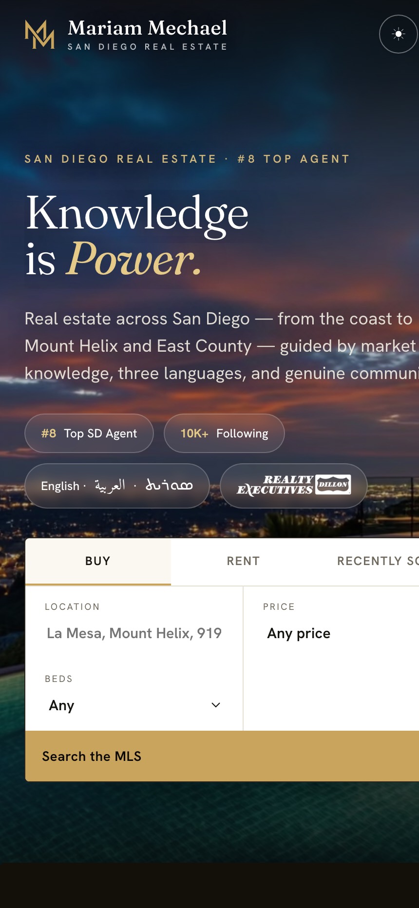 Mariam Mechael real estate website on a phone, showing the trilingual language switch and property search filters