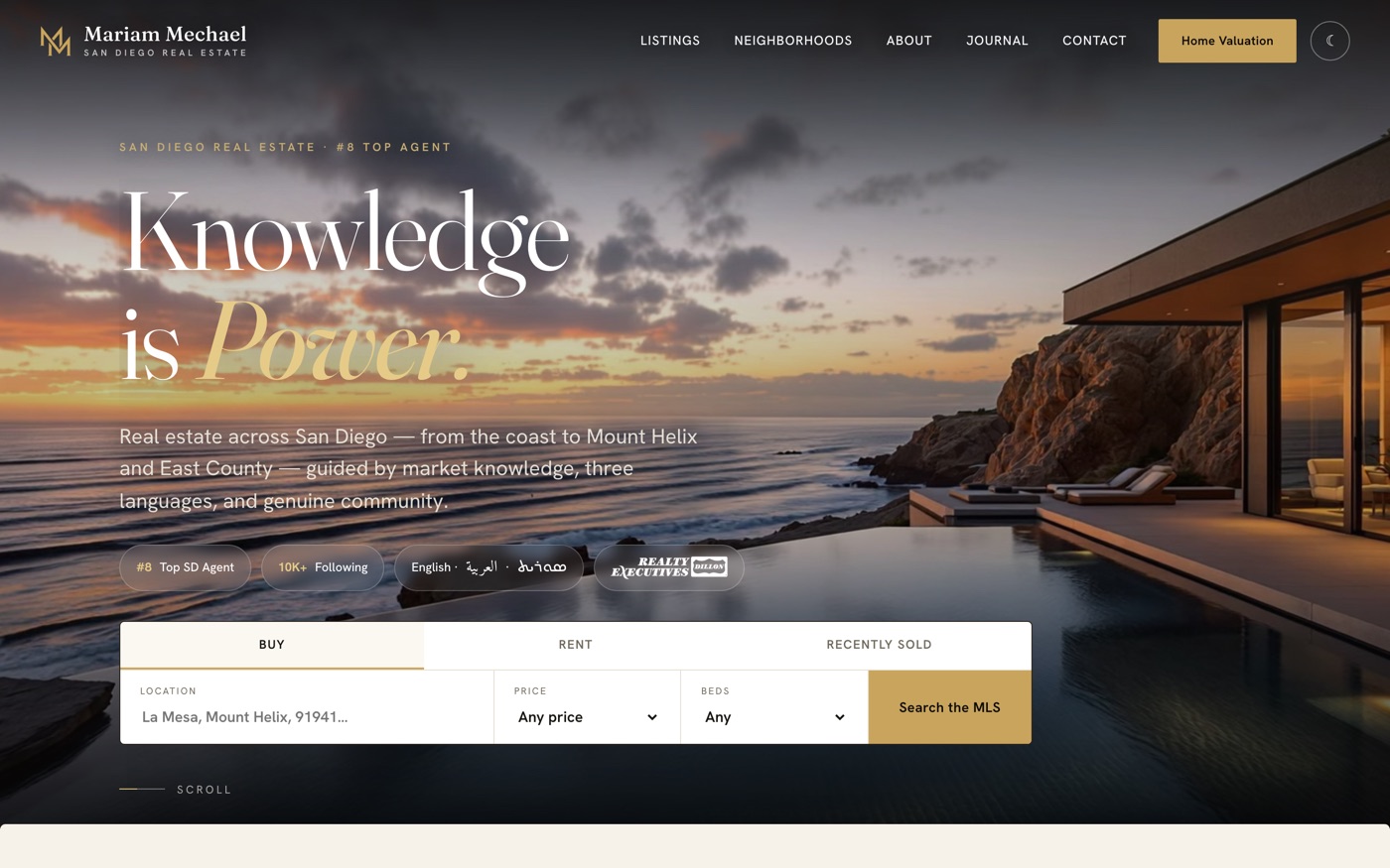 Mariam Mechael real estate website homepage — dark cinematic hero reading "Knowledge is Power" above a San Diego property search