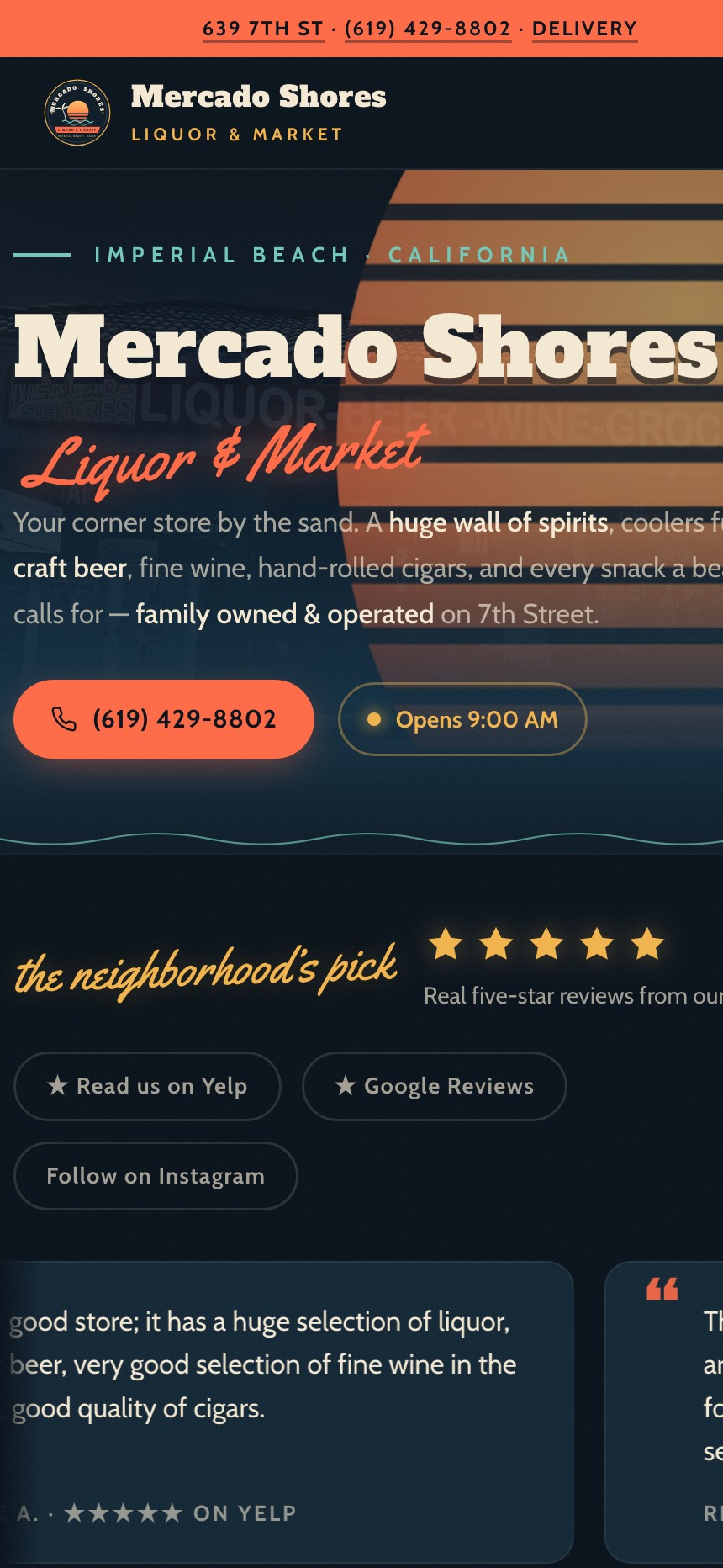 Mercado Shores Liquor & Market website on a phone, showing store hours, phone number, and directions