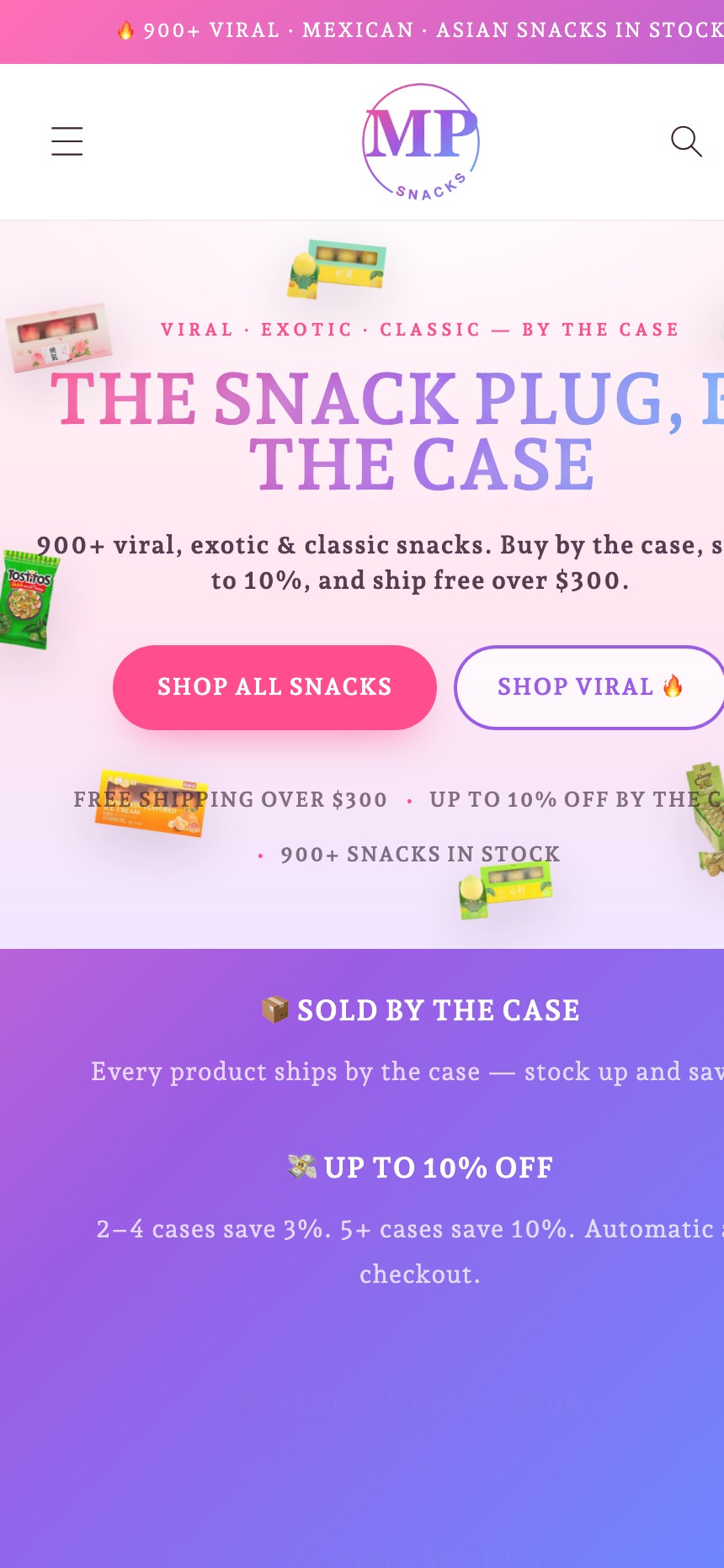 MP Snacks online store on a phone, showing the offers bar and snack category navigation