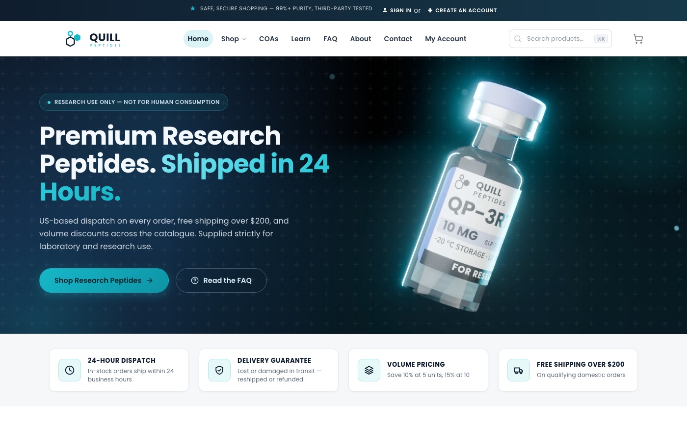Quill Peptides website homepage — a research-use-only laboratory supply storefront, with 24-hour dispatch and volume pricing